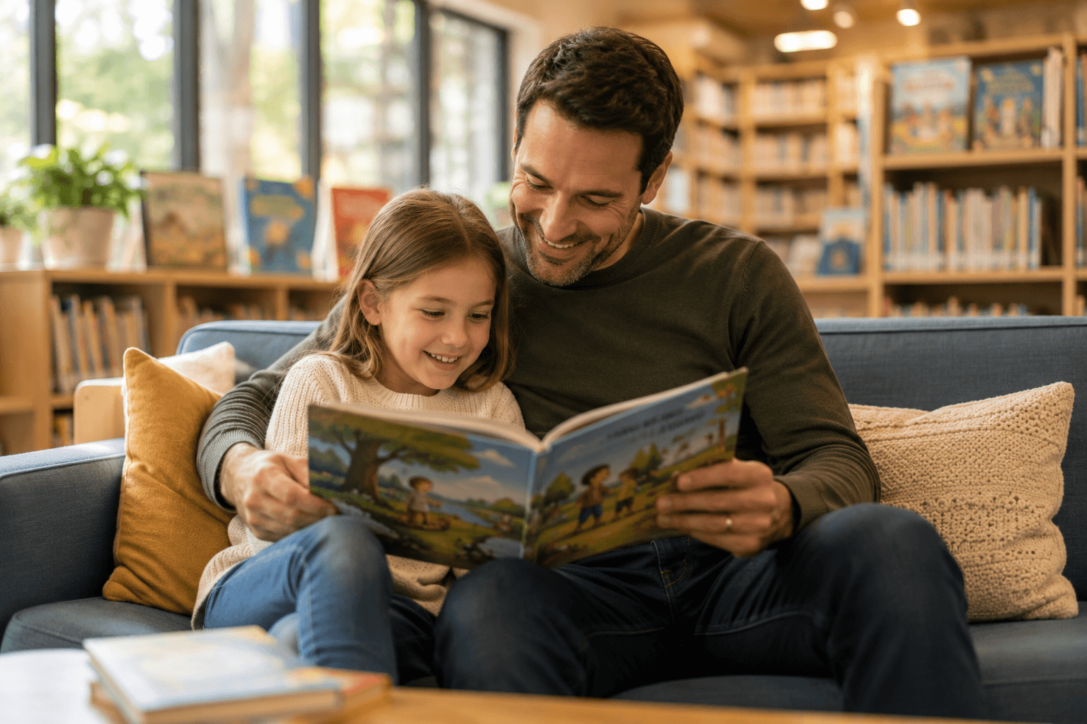 Parent and child reading a book together in a library
