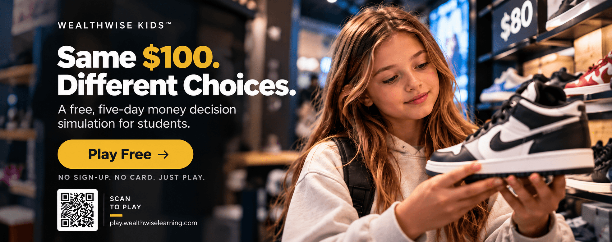Same $100. Different choices. A free, five-day money decision simulation for students.